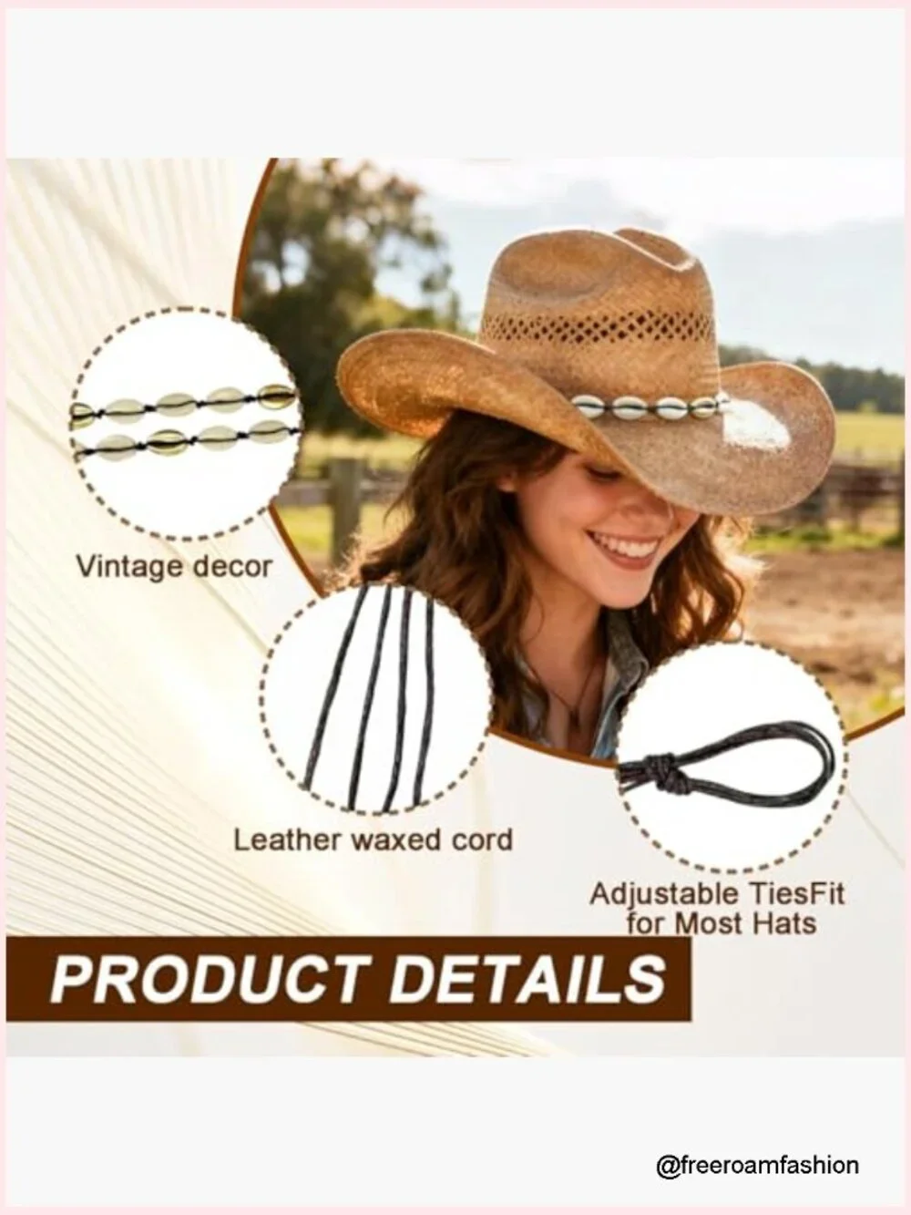 Leather Hatband Braided Hemp Rope Cowboy Hat Bands Belt Cowgirl Fedora